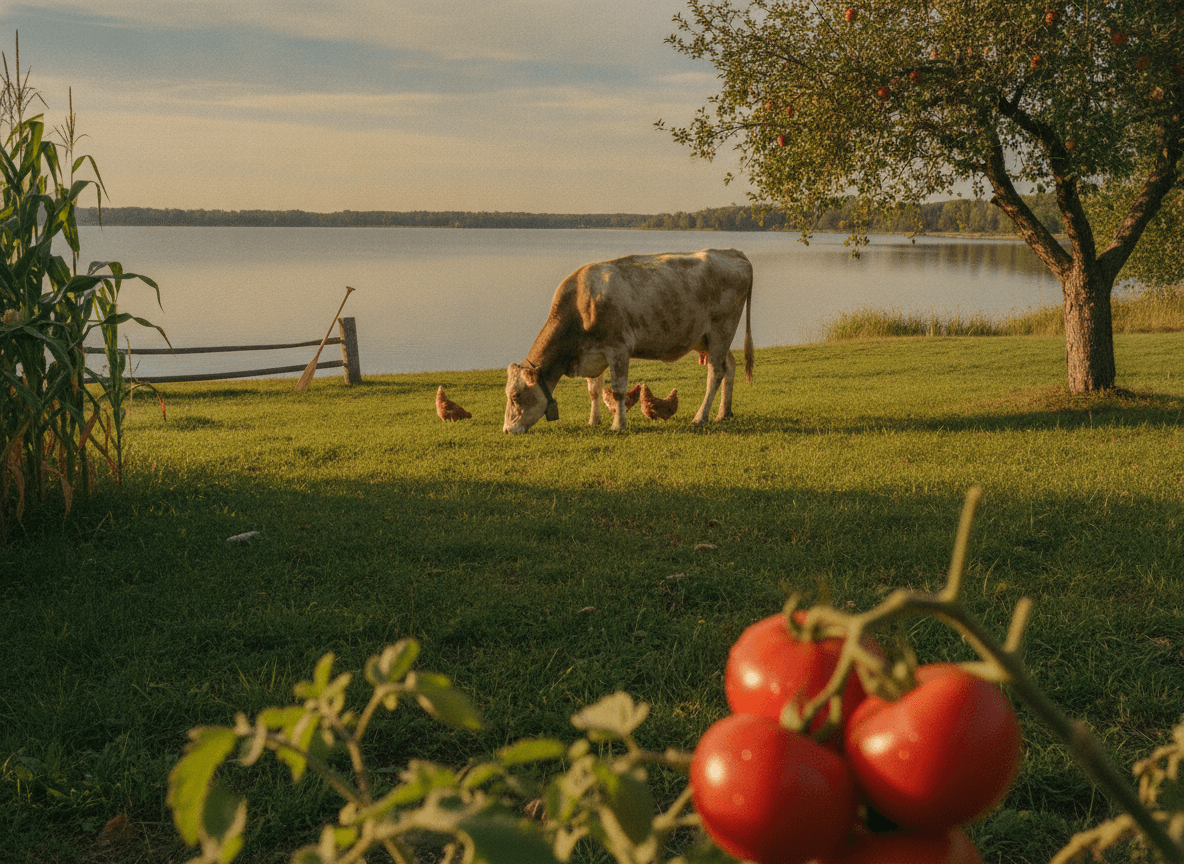 A cow grazing beside Lake Minnetonka at golden hour, with chickens, corn, tomatoes, and an apple tree