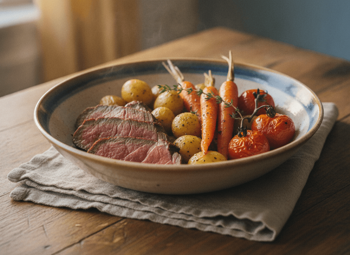 A finished dinner of seared beef, roasted potatoes, carrots, and tomato, plated inside a glass jar with a gold lid